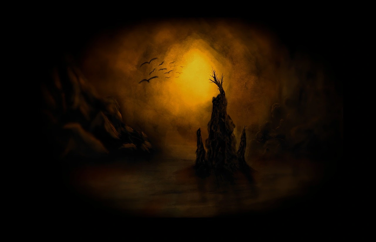 Endzeitszenerie, düster, Schemen eines Turms in diffusem Licht.